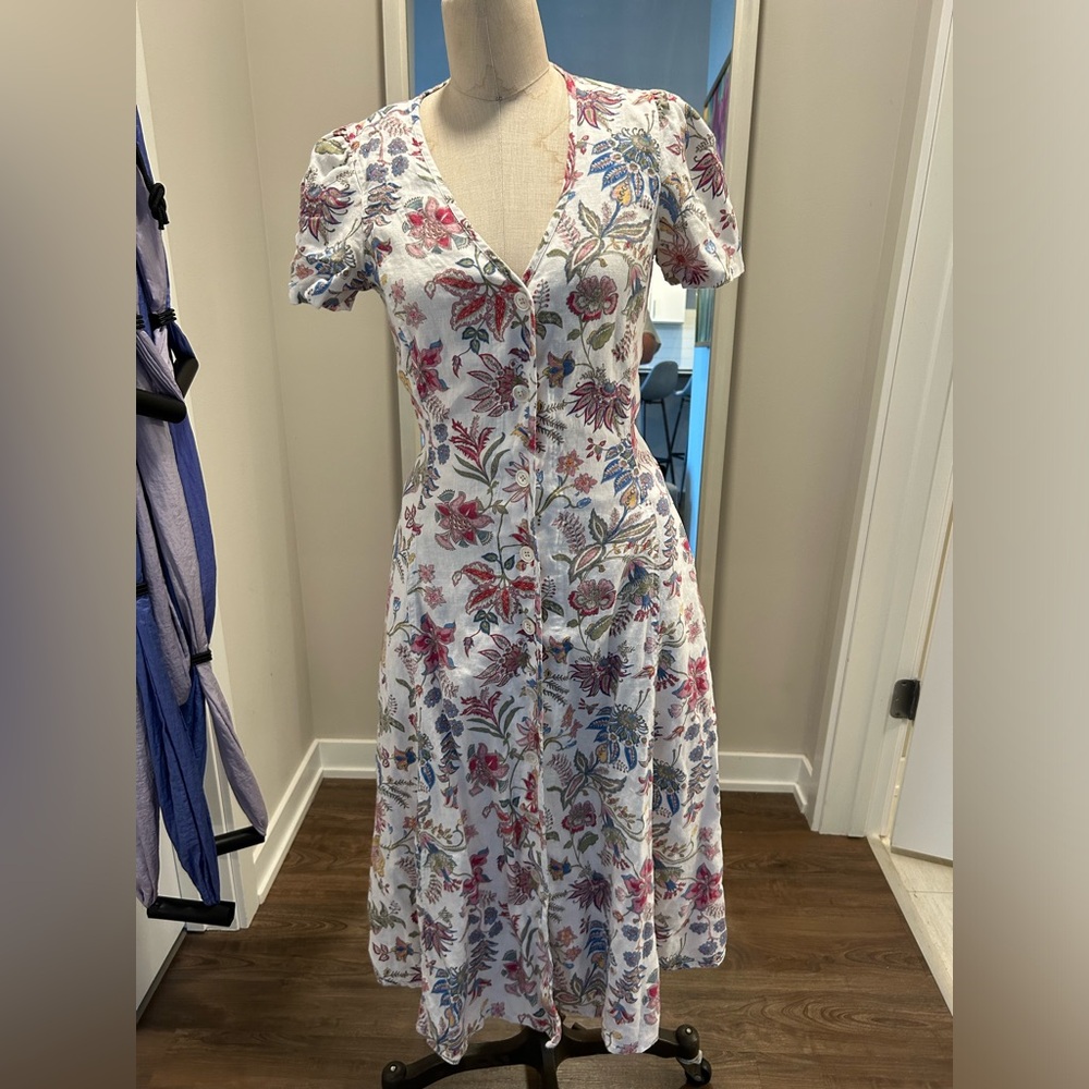 Ralph Lauren Button Down Floral Print White Midi Dress - size 2